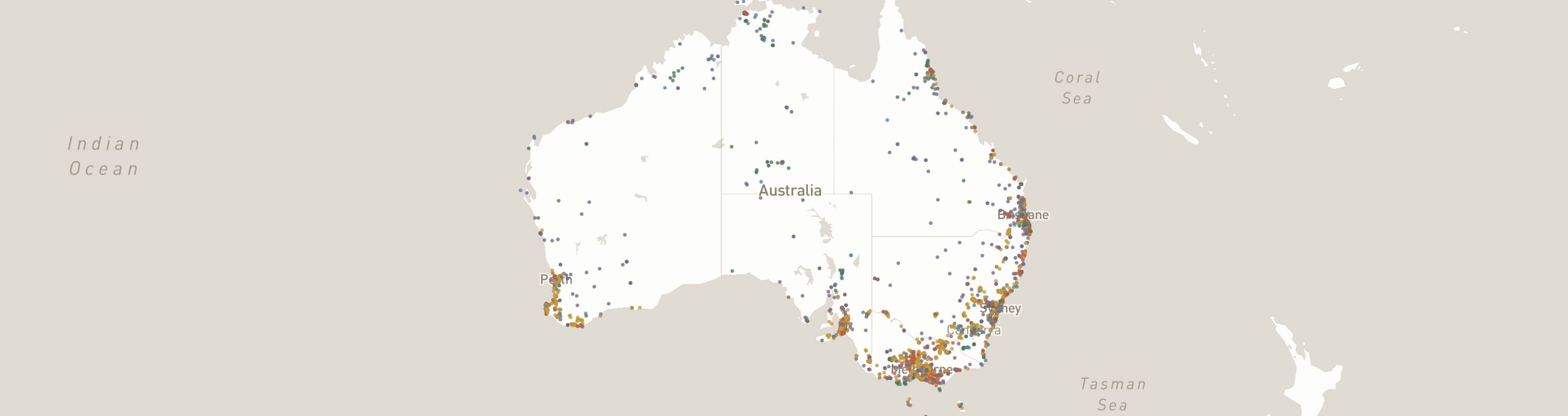 A map of Australia with every verified independent place in the Atlas network marked as a coloured dot — clustered densely around the capital cities and coastlines, scattered through the interior.
